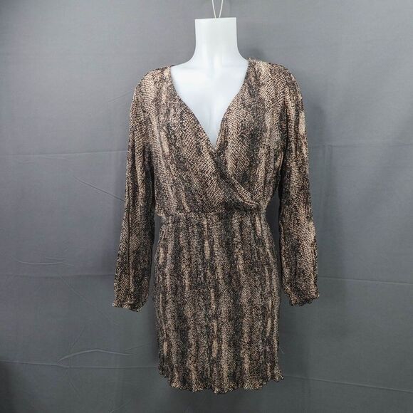 Womens Mini Dress 3XL Brown Knit Snake Print Blouson Faux Wrap Statement Y2K - Picture 1 of 12